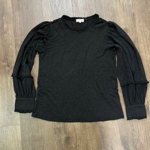 Goldie medium long sleeve top with ruffled sleeve and neckline